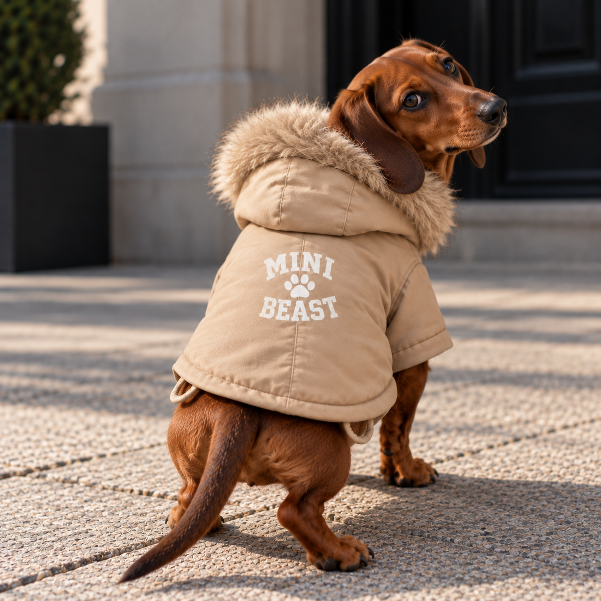 Parka Imbottito per Cani con Cappuccio in Ecopelliccia - Modello Khaki